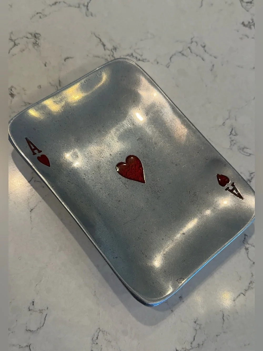Vintage Pewter Ace of Hearts Metal Trinket Tray Dish